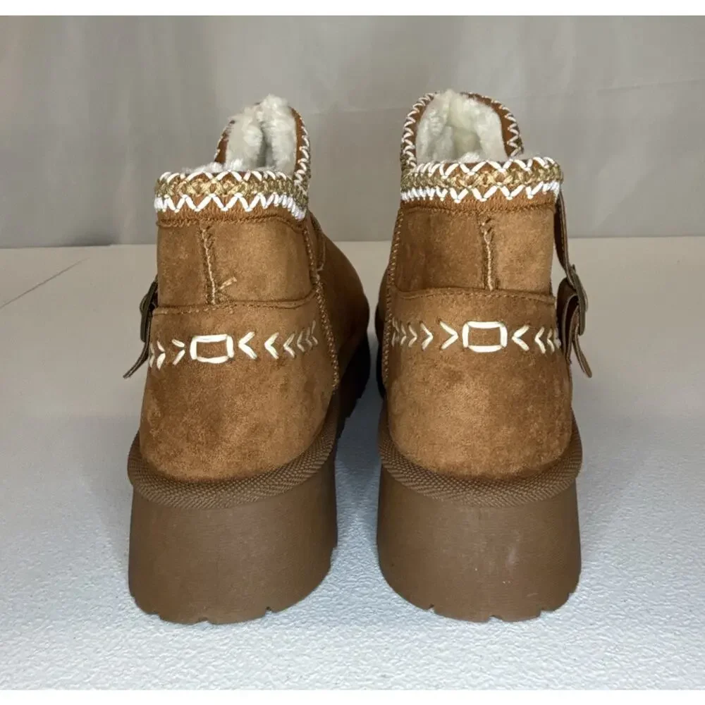 Women’s Suede Ankle Booties Chestnut Brown Faux Fur Platform Winter Size 9